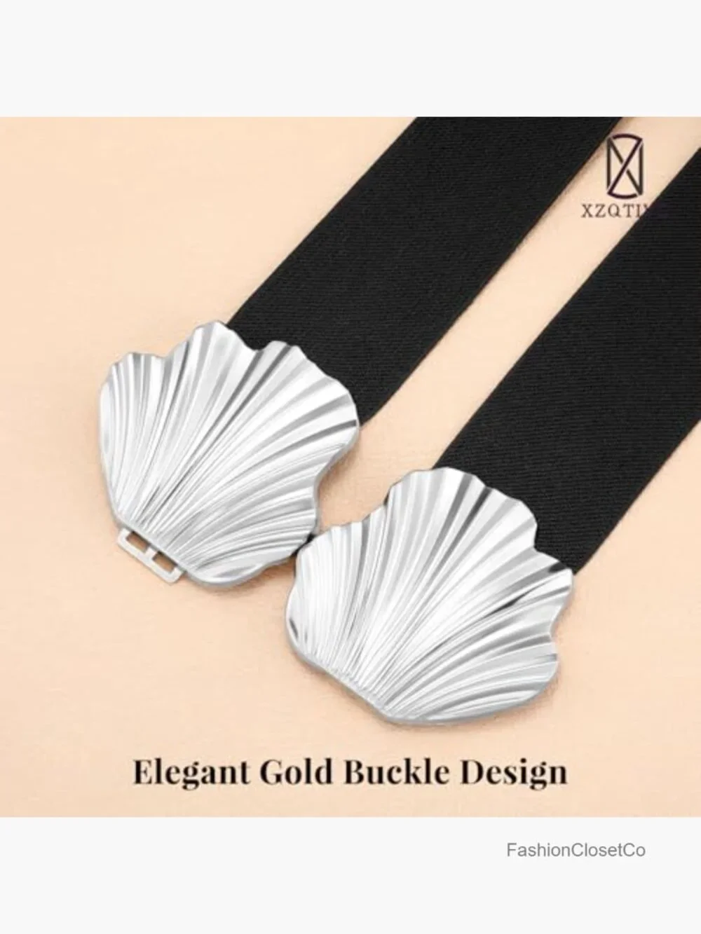 Wide Elastic Belt with Suede and Boho Shell Gold Buckle - Stretchy Fashion